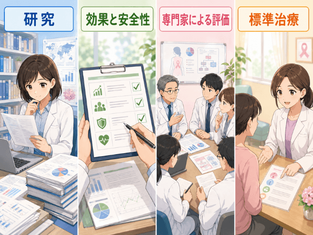 研究、効果と安全性の確認、専門家の評価を経て標準治療になる流れを示した図