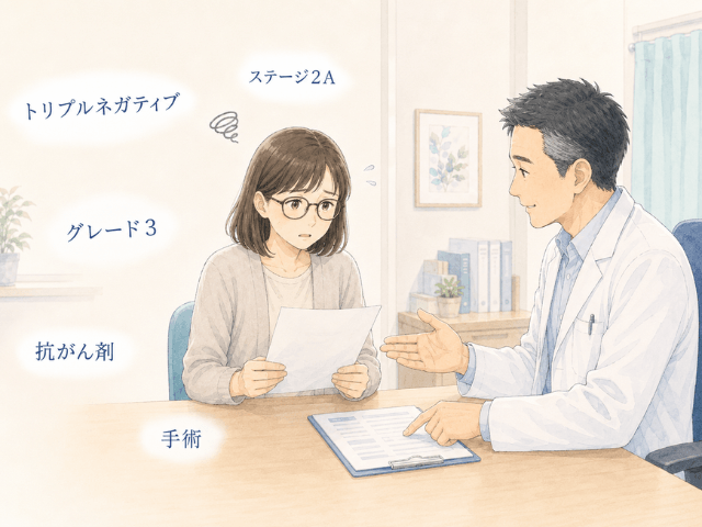 乳がんの診断内容を聞きながら、説明を理解しきれず戸惑っている51歳の女性