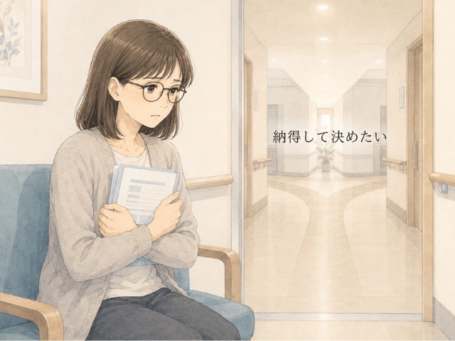 最初の病院で治療を決められず、説明資料を抱えて病院の廊下に座る女性