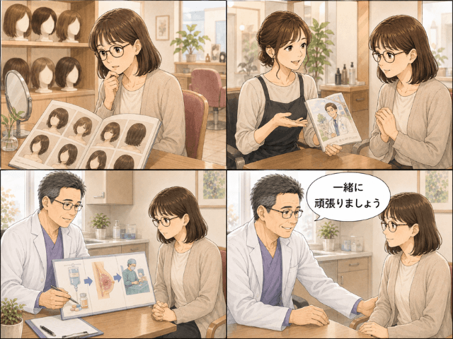 美容室でM先生を知り、セカンドオピニオンで「一緒に頑張りましょう」と声をかけられるまでの4コマ漫画