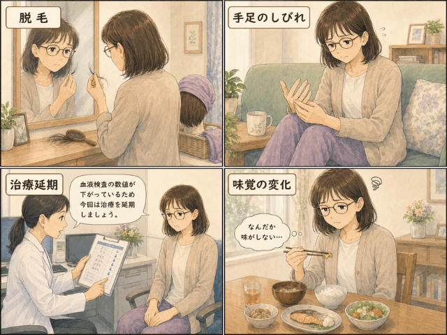 脱毛、手足のしびれ、治療延期、味覚の変化という抗がん剤治療中の副作用を描いた4コマ漫画