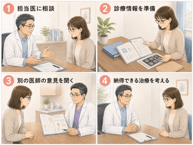 担当医への相談から別の医師の意見を聞き、治療を考えるまでのセカンドオピニオンの流れ