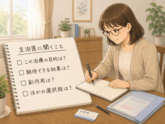 診察前に、主治医へ聞きたいことをノートに整理している女性の1コマイラスト