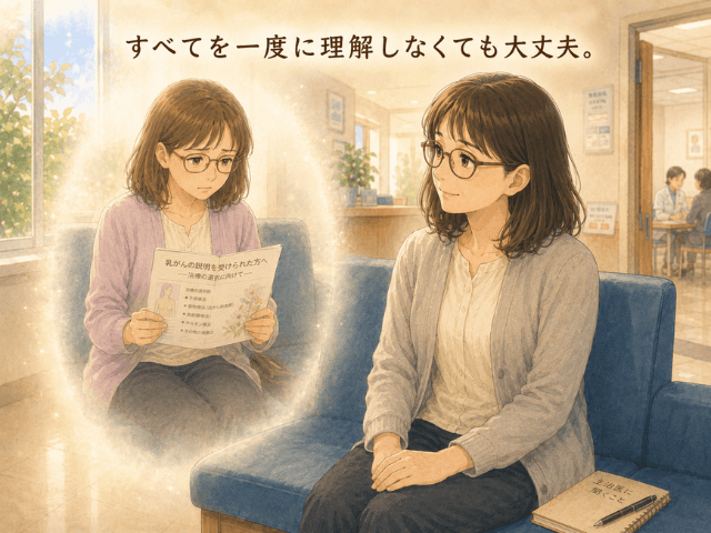 乳がんを告知され説明資料を手に不安を感じていた2013年の自分を、治療を終えて12年たった現在の女性が振り返るイラスト