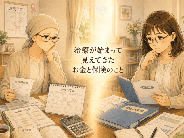 乳がん治療中に領収書や仕事の予定を確認する女性と、治療後に現在の保障や保険資料を見ながら悩む女性を描いたイラスト