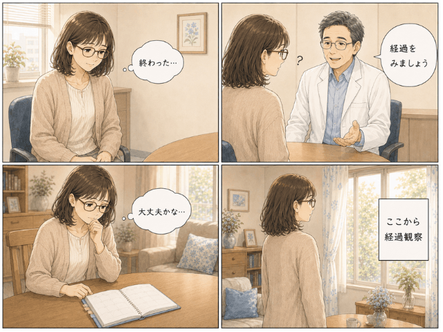 治療終了後、主治医から経過観察になると説明され、治療をしなくなることに戸惑うきゃんばぁばを描いた4コマ漫画