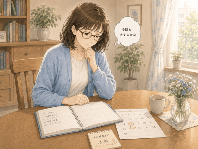 経過観察の検査日が近づき、カレンダーを見ながら「今回も大丈夫かな」と不安を感じる女性