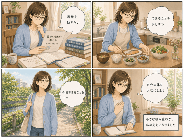 再発への不安から情報を探し、食事や散歩など自分にできることを続けながら、体を大切にしようと思うようになった女性の4コマ漫画