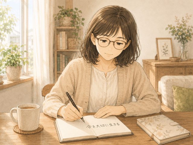 経過観察を終え、自宅のノートに「今を大切に生きる」と書きながら、これからの時間を考える女性