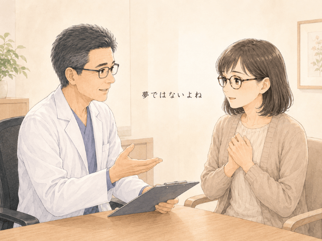 経過観察の終了を医師から聞き、「夢ではないよね」と安堵する