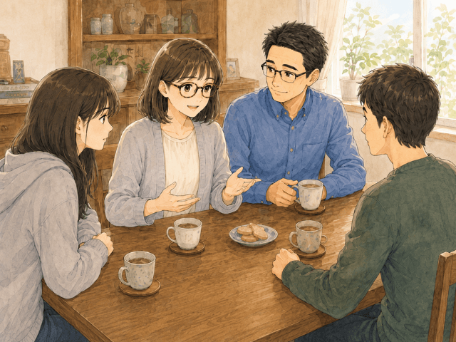 経過観察終了後、家族とこれからのことについて自宅で話し合う様子