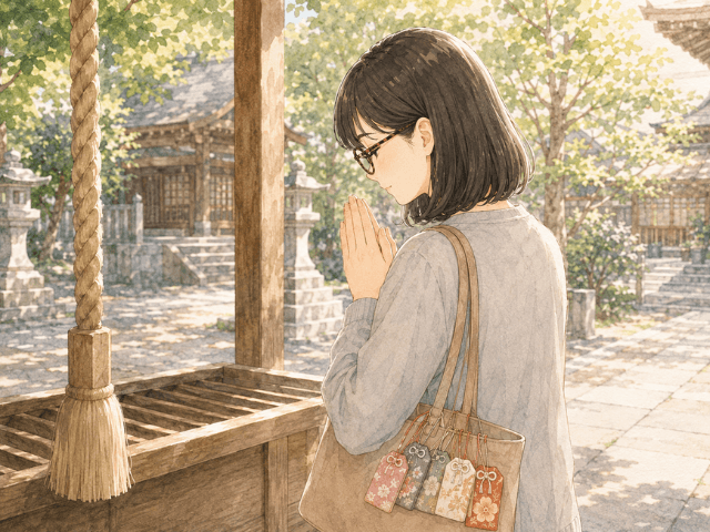 いただいたお守りを持ち、無事に経過観察を終えられたことを感謝してお礼参りをする女性