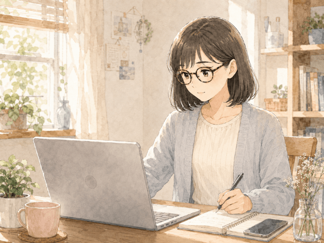 自宅のパソコンで乳がんの経験を書き続ける女性