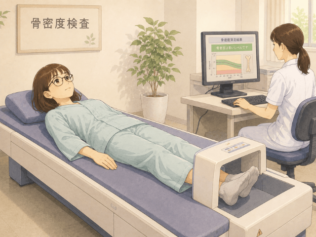 病院の検査室で骨密度検査を受けている女性のイラスト