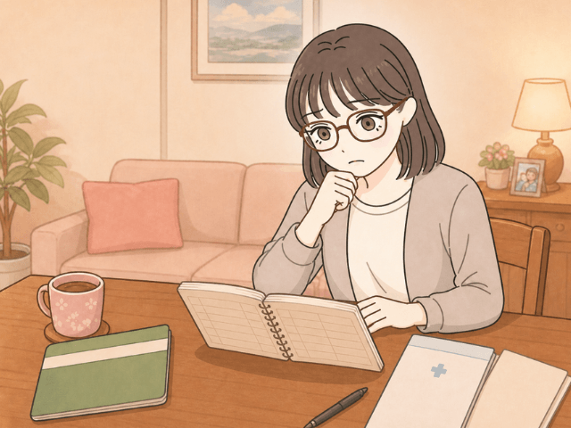 家計簿や病院の封筒を前に、経済的不安を感じる女性の漫画イラスト