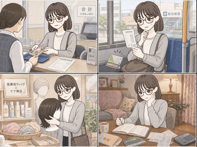 治療費以外にも通院費や生活用品代がかかることを示した4コマ漫画