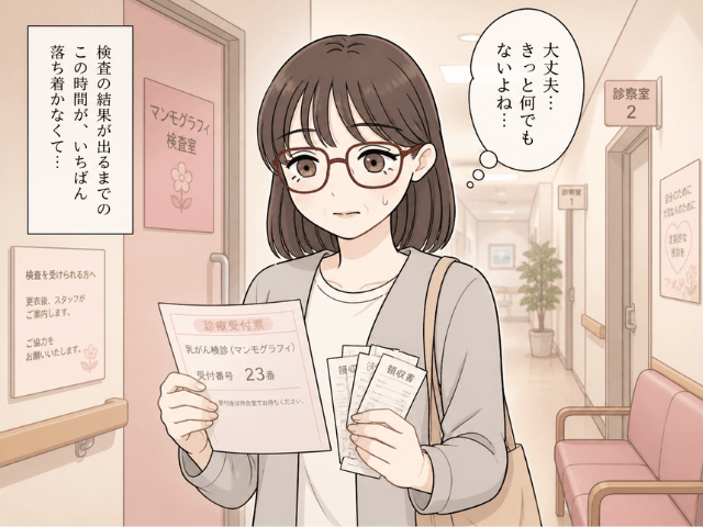 診断前の検査が続き、不安そうに病院の廊下に立つ女性の漫画イラスト