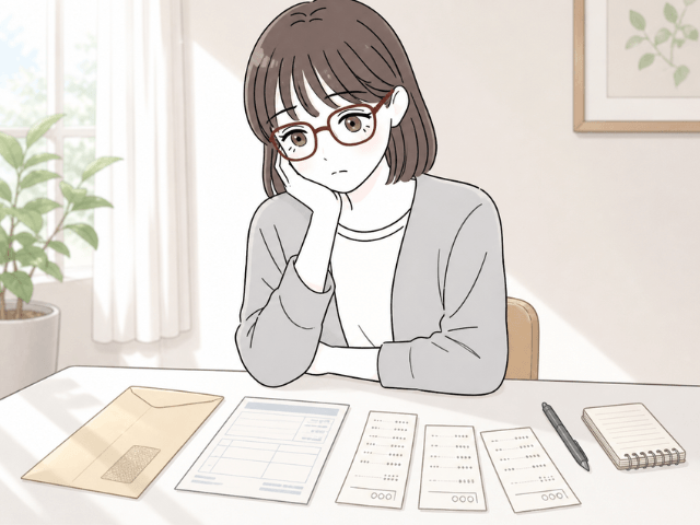 病院の封筒や検査受付票、領収書風の紙を前に、不安そうに考え込む女性の漫画イラスト