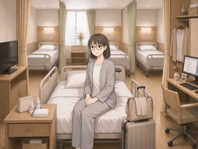 準個室の病室で、少し安心しながらも緊張した表情を見せる女性の漫画イラスト