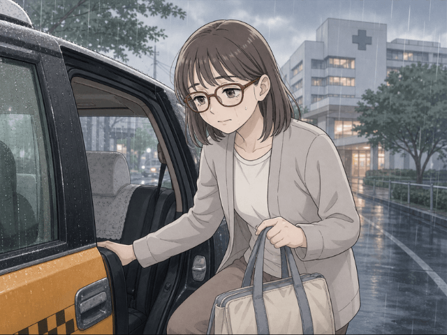 体調の悪い日にタクシーで通院する女性の漫画イラスト