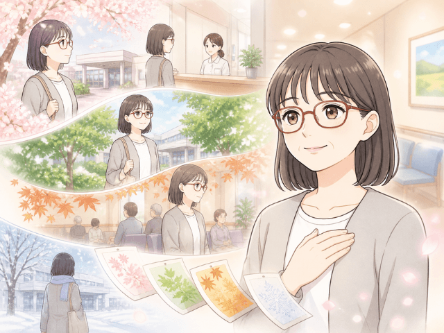 長い経過観察期間を経て、静かに通院を続ける女性の漫画イラスト
