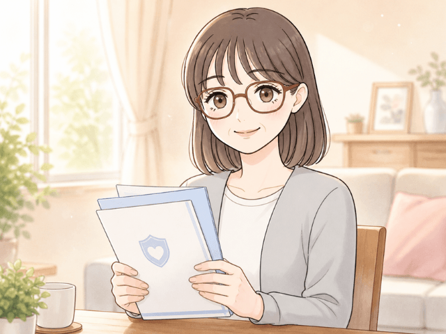 保険書類を手に、安心した表情を見せる女性の漫画イラスト