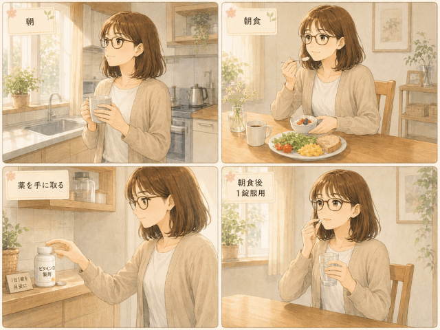 朝食後に薬を飲むまでの流れを4コマで描いたイラスト。