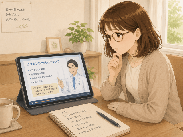 自宅で医師の解説動画を見ている女性のイラスト。