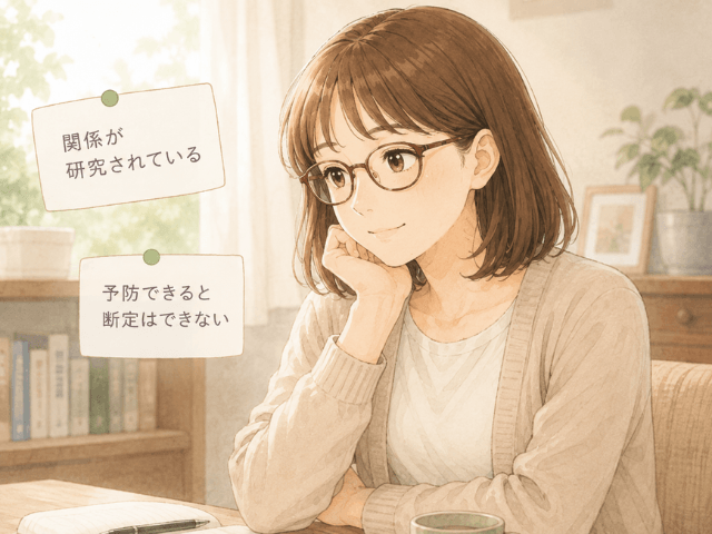 ビタミンDと乳がんの関係について、静かに考えている女性のイラスト。