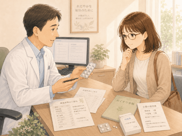 薬や検査について医療者に相談している女性のイラスト。