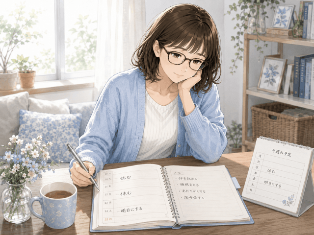 手帳を見ながら予定を調整している女性のイラスト
