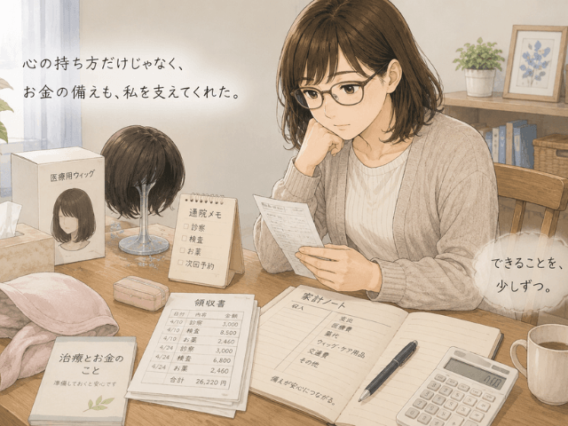 治療にかかるお金や備えをイメージした資料と家計メモのイラスト
