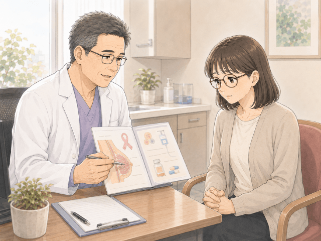 診察室で主治医から初期治療の大切さについて説明を受ける女性の漫画イメージ