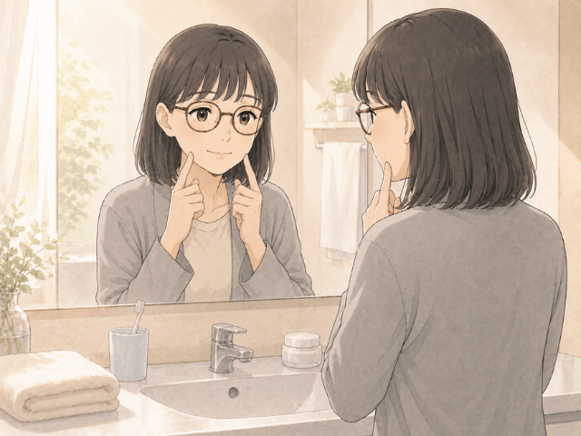 治療中に鏡の前で少しだけ笑顔を意識する女性の漫画イメージ