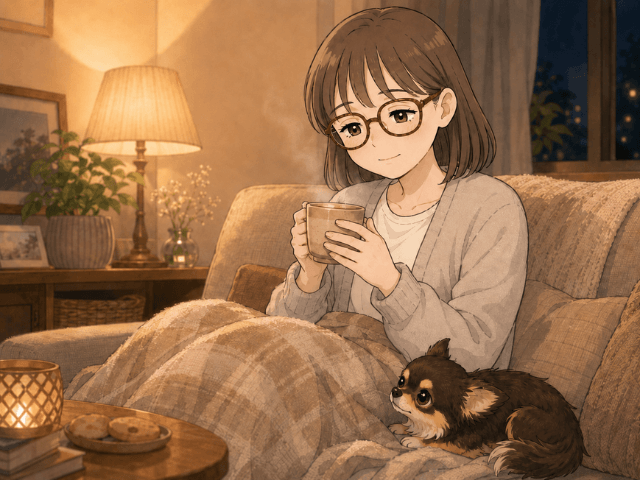 治療中に温かい飲み物と愛犬のぬくもりで心を落ち着かせる女性の漫画イメージ