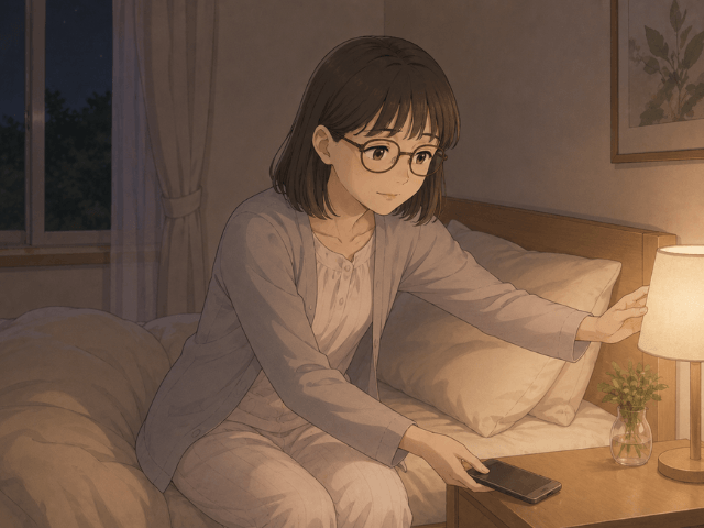 治療中の夜にスマホを手放し、眠る環境を整える女性の漫画イメージ