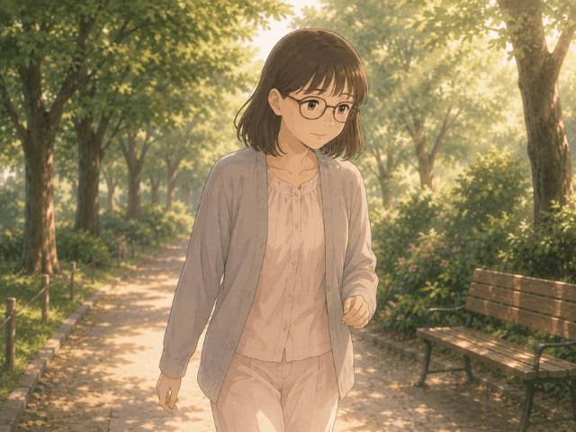 治療中に無理のない範囲で公園を散歩する女性の漫画イメージ