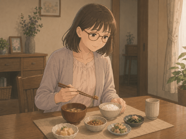 治療中に納豆や味噌汁など食べられるものを少しずつ大切に食べる女性の漫画イメージ