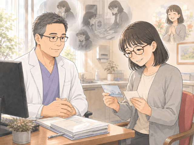 長い経過観察を経て主治医から完治と伝えられ、ほっとする女性の漫画イメージ