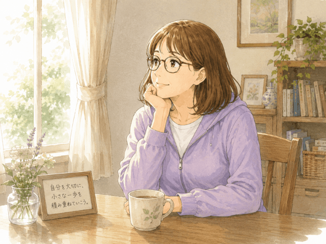 治療後、自宅で静かに自分の生活を振り返る女性のイラスト