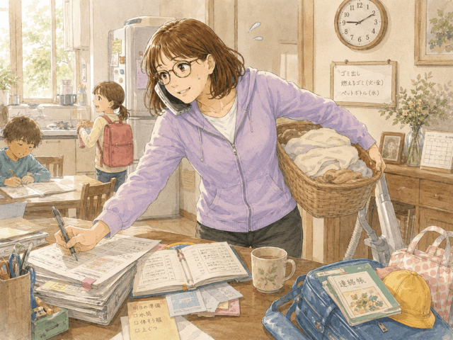 仕事や家事、子どものことに追われて慌ただしく過ごす女性のイラスト