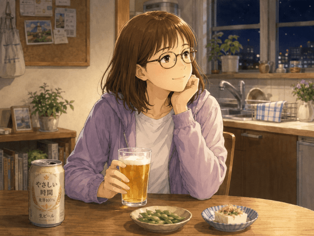一日の終わりに食卓でお酒を飲みながらほっとしている女性のイラスト