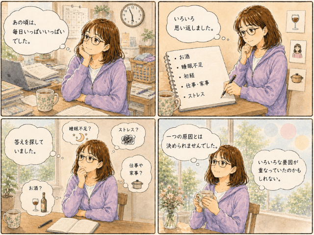 乳がんの原因を一つに決められなかった気持ちを表した4コマ漫画