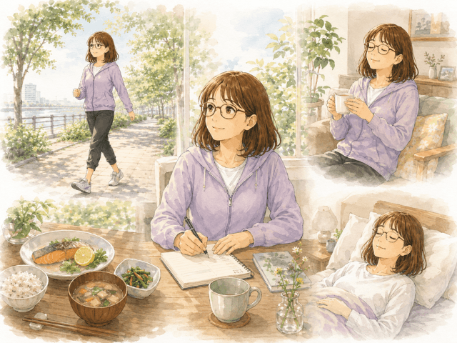 生活を少しずつ整えながら前向きに過ごす女性のイラスト