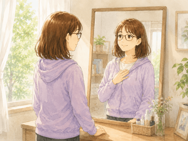 自分を責めず、静かに前を向こうとしている女性のイラスト