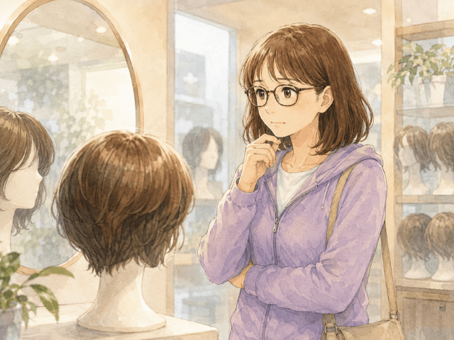 ウィッグ売り場で少し不安そうに商品を見つめる女性のイラスト