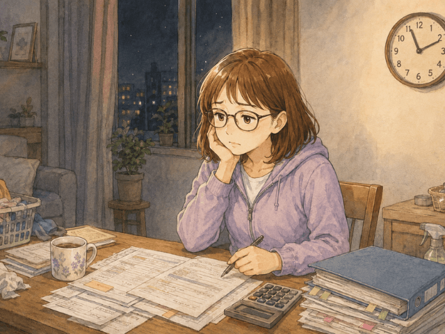 夜遅く、家事や書類が残る机で考え込む女性のイラスト