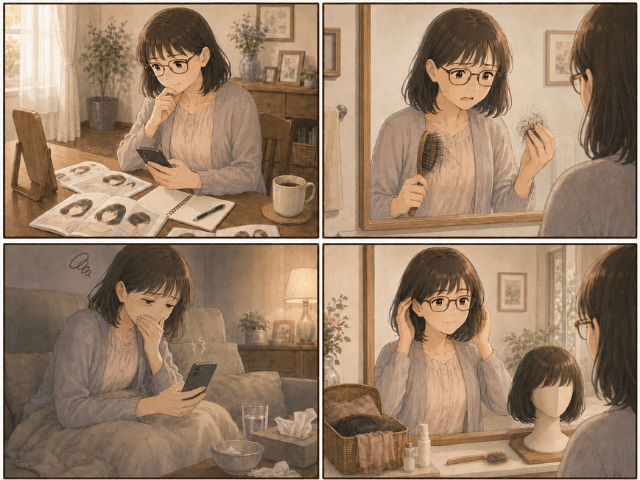 抗がん剤前のウィッグ準備が安心につながる様子を描いた4コマ漫画