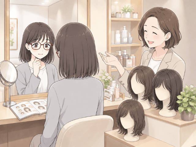 ウィッグショップで試着相談を受ける50代女性の漫画