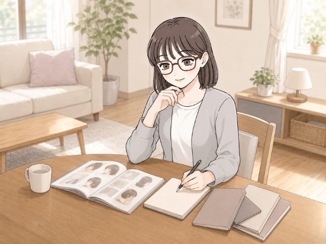 自宅でウィッグの資料を見ながらノートにメモを取る50代女性の漫画
